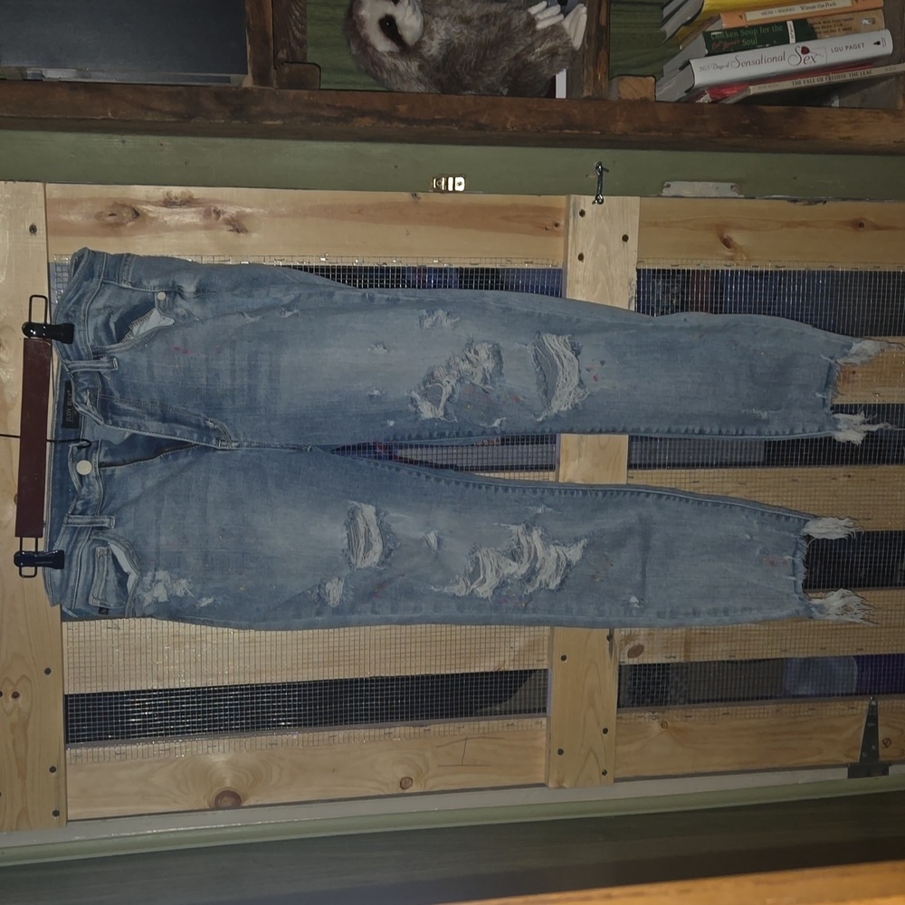 Judy Blue distressed, paint splatter, boyfriend jeans.